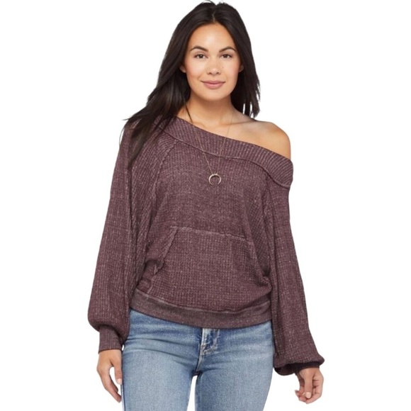 Free People Thermal Off Shoulder Blouse Washed Purple Oversized Fall, Size M - Picture 1 of 13